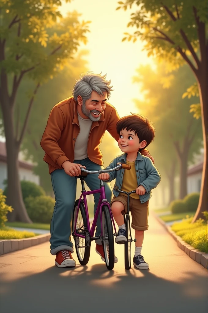 Father teaches his adult son to ride a bike