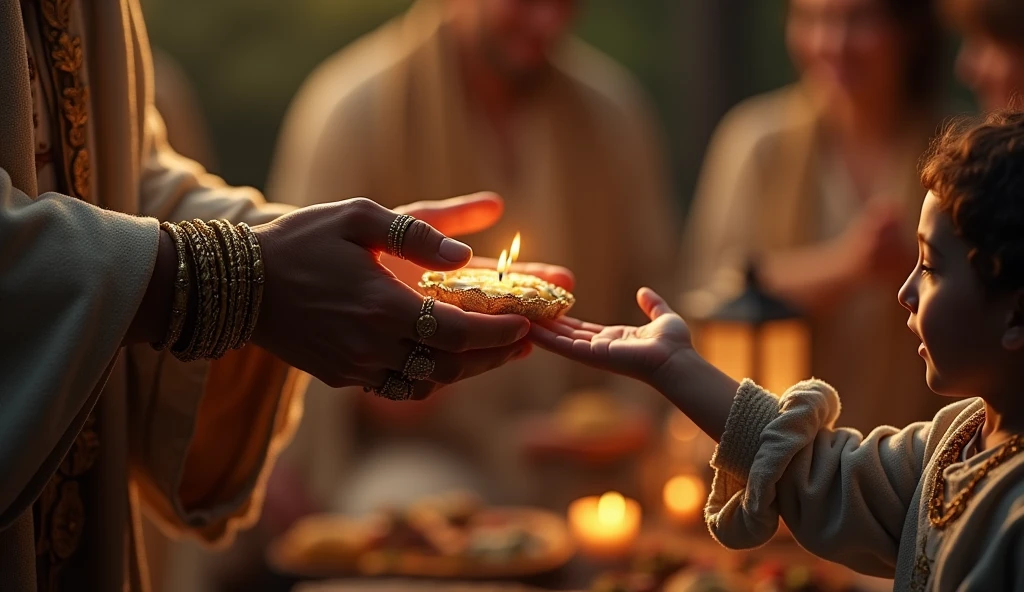 Create a hyper-realistic and mysterious image of a male hand, adorned with gold rings and dressed in a finely embroidered linen tunic, handing a piece of luxurious fabric to a child who looks on in admiration. The child's hand is extended to receive the gift, while in the background, softly blurred, there is a group of people gathered, sharing food and stories. The golden light of a nearby lantern illuminates the scene., highlighting the simplicity and power of the act of giving, and symbolizing that generosity is a seed that, when planted, blooms in unexpected forms of abundance.