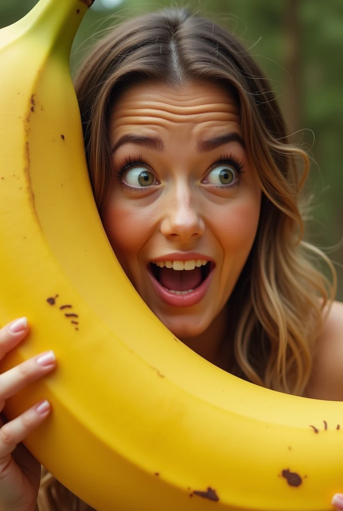 a visibly surprised and delighted woman, holding a giant banana with one hand. Your eyes are wide open, expressing a mixture of shock and admiration, when he brings a banana close to his face. His hands rest gently on the banana.., and his mouth is half open, adding to his expression of surprise. The scene captured the moment, when she detects the presence of a giant banana and reacts to it., radiating charm and admiration