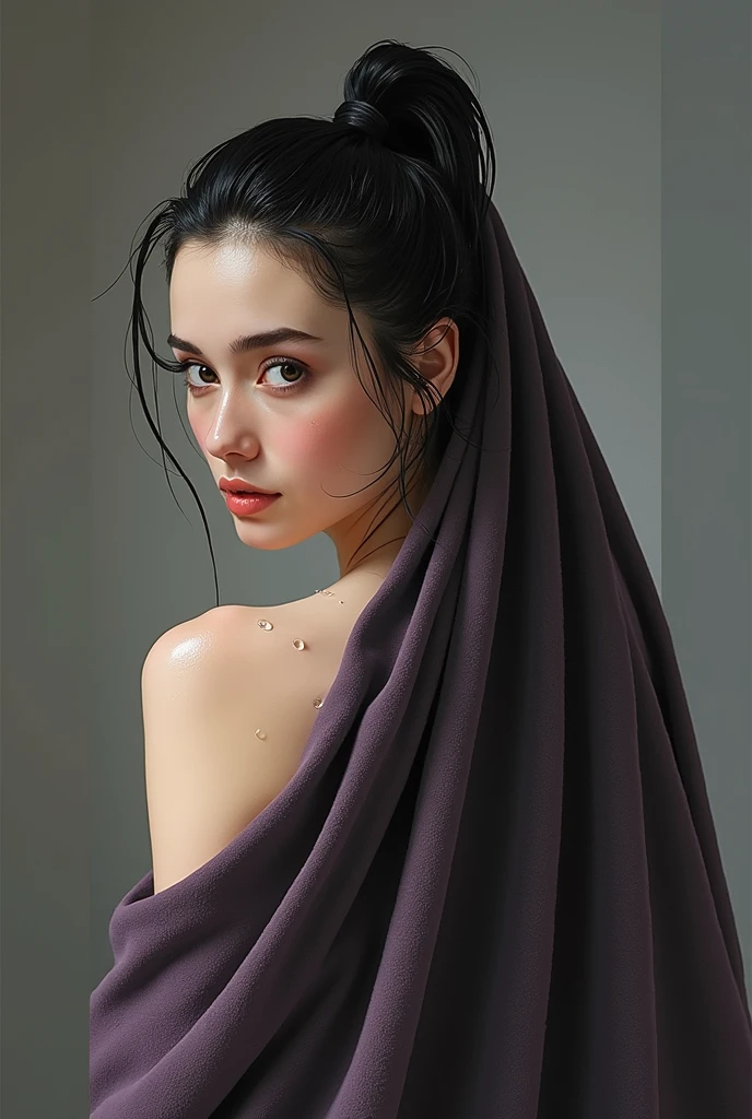 Woman in a revealing purple towel, wet shiny skin, pale skin, black hair, 2 indonesian, high short hair ponytail, view from behind, revealing her wet shiny white back, wet dripping back, looking at viewer, seductive face, looking at viewer, slender