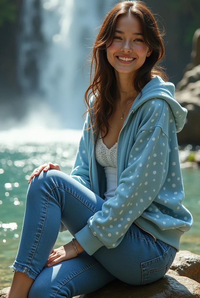 (best quality, highly detailed, realistic: 1.37), portrait, beautiful young girl, young woman model, river bank and rocks or temple or bridge, Beautiful girl outfit4, light blue polka dot knitted hoodie, jewelry jeans, sitting under the waterfall, sitting posture, sitting on a rock, soaking wet, masterpiece, very detailed description, super fine painting, detailed face, slim figure, long legs, playing with water, smiling, bright smile