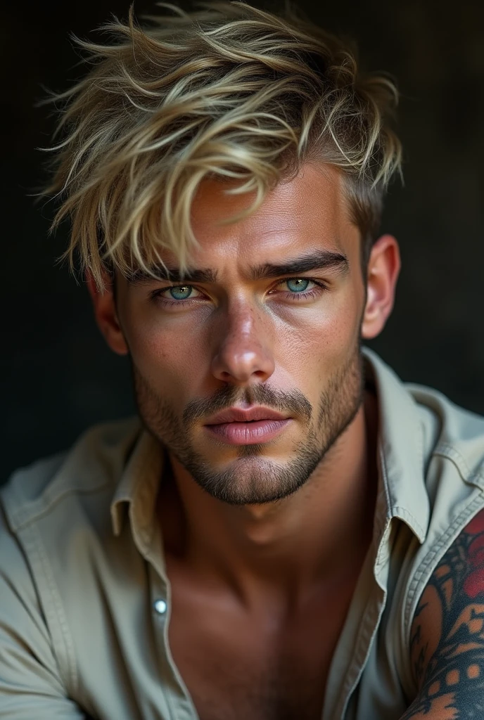 naughty man, Youngh, 3, english, defined jaw, Cao Cao, blue colored eyes, unshaven beard, short blonde hair, realistic tattoo on one arm