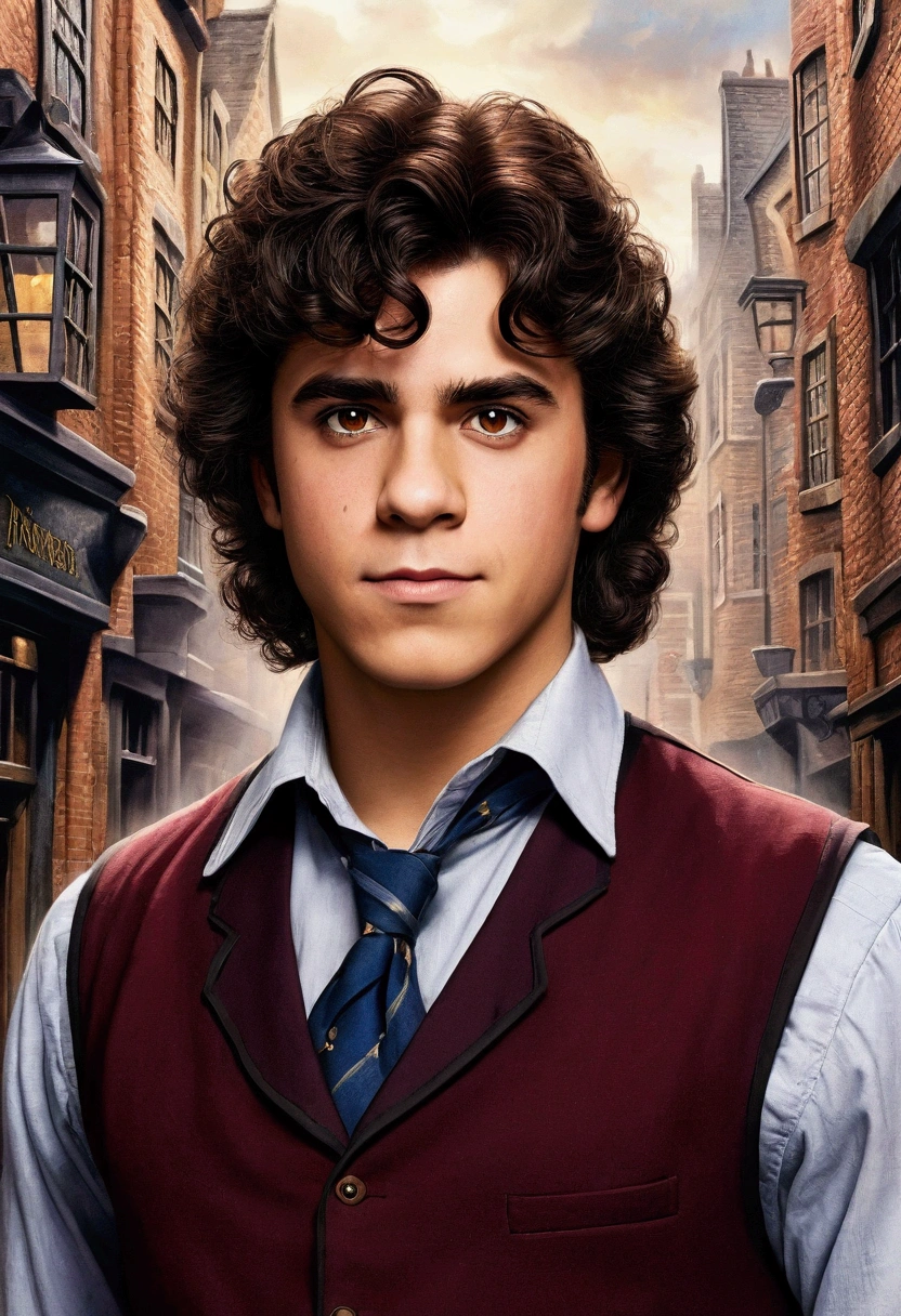 An illustrated movie poster, hand-drawn, full color, a teenage Wizarding World student, 18-years-old, male, wearing a maroon vest and navy blue slacks, stout stocky build, broad shoulders, brown eyes, brown-black hair, voluminous curly mane, medium-light sun-tanned skintone, resembles Lou Ferrigno, strolling through Diagon Alley, graphite shading, stencil marks, airbrushed acrylic paint, masterpiece, close-up shot, in the style of the Deathly Hallows