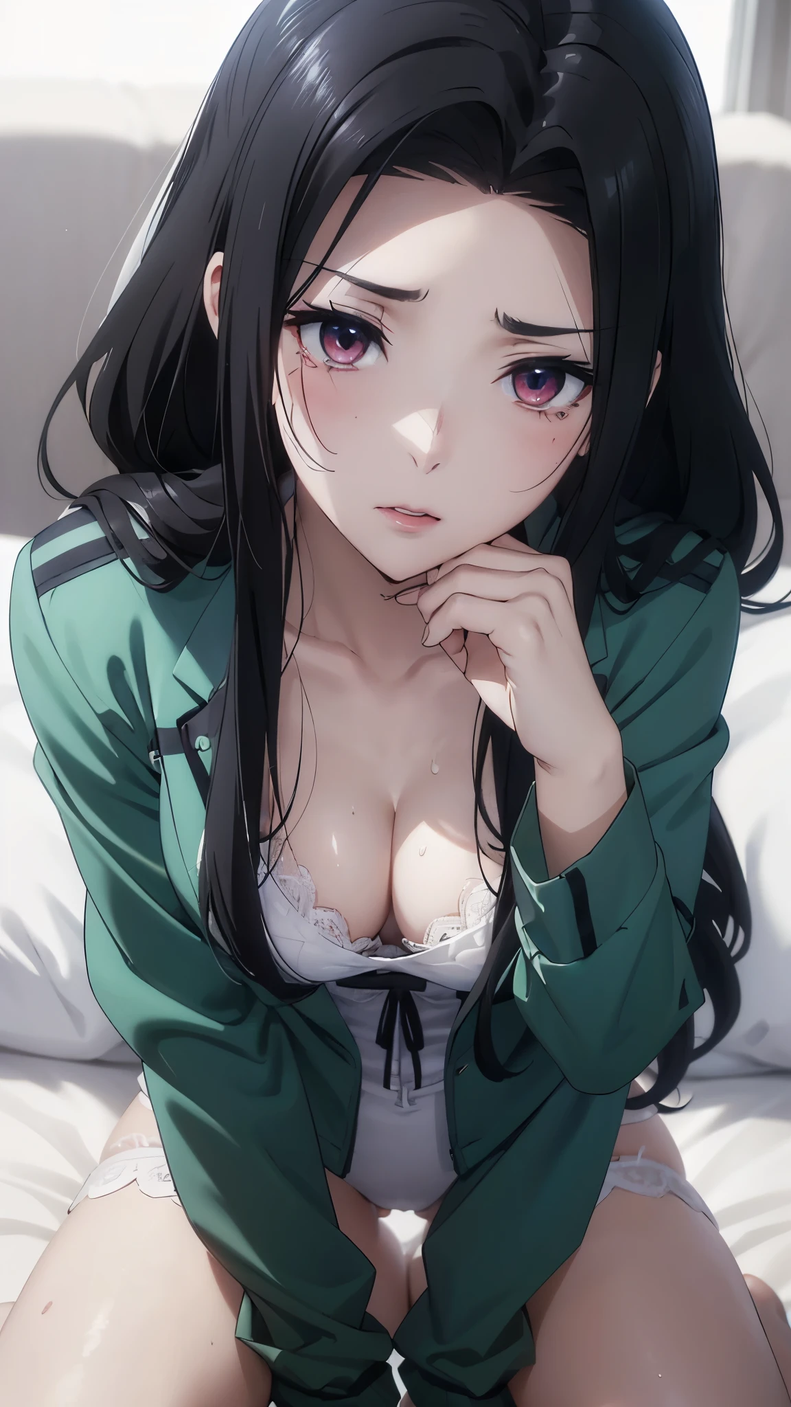 1 personの, alone, masterpiece, Highest quality, The Irregular at Magic High School, Mayumi Saegusa,Mayumi Saegusa, iris, Red eyes, eyelash, Black Hair, Long Hair, Back ribbon,High School Uniform, Green jacket, Cropped jacket, Open jacket, Long sleeve, (masterpiece: 1.3), (Maximum resolution: 1.2), (Ultra HD TV: 1.2), Cinematic Light, 8k resolution, Detailed facial features , (Sharp focus: 1.2), (Focus on the face:1.2),Perfect Style, Beautiful Face, Acura, Anatomically correct, Highly detailed face and skin texture, Beautiful Eyes,Beautiful Eyes, Thin eyebrows, Natural Cheeks, Glowing Skin, Fair skin: 1.2, (Glossy Lips: 1.4),、 (Embarrassed look: 1.2),Highly detailed face and skin texture, Natural Cheeks, , Glossy Lips: 1.4,Perfect Style、Cleavage、Soft Breasts、(Semen on chest:1.6)(Cum on thighs 1.5)、 Overflowing sperm、Drenched in sweat、Wet clothes、blush、A humiliating look、Anxious expression、Frightened expression、Embarrassed look、Glare、anger、sorrow、tears、(Open your knees:1.5)、(Spread your legs:1.5)、 White underwear、Disheveled clothes、sweating、Thin underwear、18-year-old、 clear, A clean-cut woman,1 person、 Upward-facing chest, Black Hair、blue eyes、Beautiful Eyes、Torn clothing、(Being sexually assaulted by a violent man:3.0)、At the bed、(On my back、At the bedLying down、Lying down、White sheets:1.7)、avert your eyes、