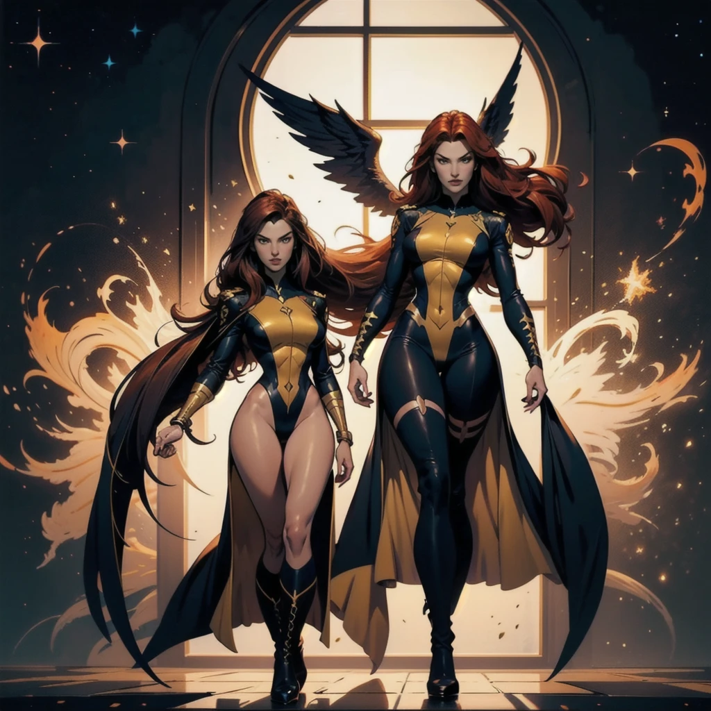 1girl, solo, Jean Grey of X-men, high leg cut out uniform of black and gold, boob window in uniform, thighs showing, skin-tight calf-high boots withoit heel, (color mandala tattoos on thighs), color phoenix on chest, floating in space, arms out in power pose, 1 leg crossed in front of the other, dramatic cosmic background, moody lighting, 16k, best quality, masterpiece , (wide angle:1.27), full length portrait 