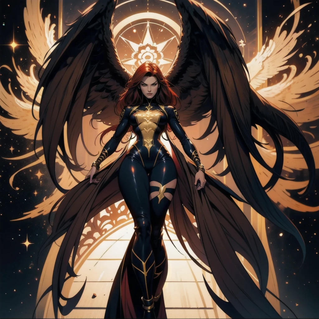 1girl, solo, Jean Grey of X-men, high leg cut out uniform of black and gold, boob window in uniform, thighs showing, skin-tight calf-high boots withoit heel, (color mandala tattoos on thighs), color phoenix on chest, floating in space, arms out in power pose, 1 leg crossed in front of the other, dramatic cosmic background, moody lighting, 16k, best quality, masterpiece , (wide angle:1.27), full length portrait 