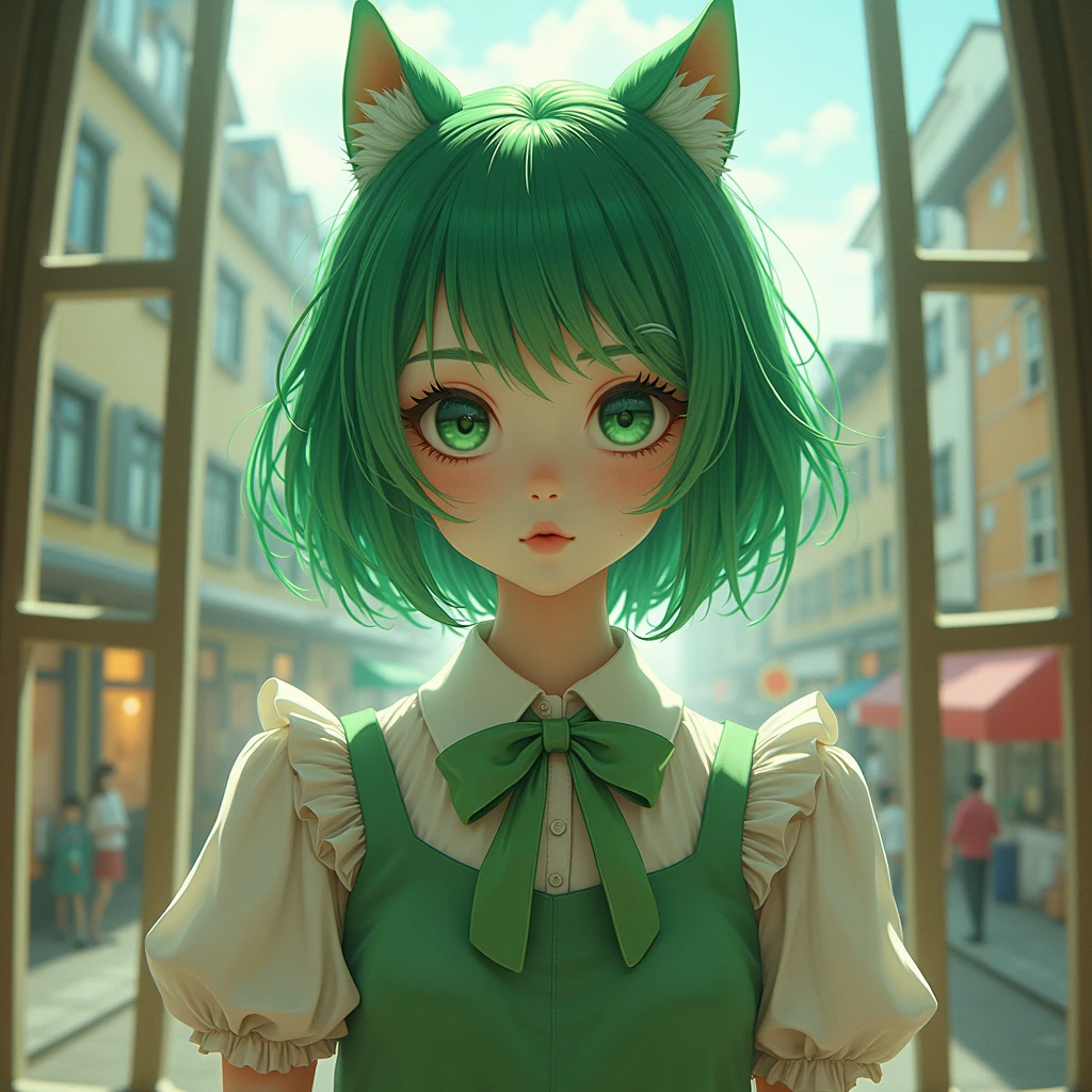 (cowboy shot), sfw, (masterpiece), (best quality:1.0), (ultra highres:1.0), detailed eyes, BREAK , MissMartianYJ, green skin, short hair, 1girl, sweet_lolita, BREAK, (street, indoors, gorgeous view)