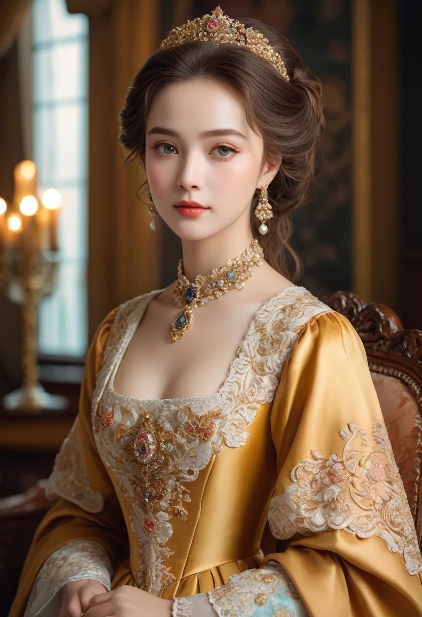 (best quality,4K,8K,high resolution,masterpiece:1.2),Extremely detailed,(Practical,photoPractical,photo-Practical:1.37),portrait,,Pastel,personalized masterpiece,18th century,Russian,noble,girl,noble Daughter,,Extremely beautiful,Face,Expressive eyes,Delicate nose,Sweet mouth,Porcelain skin,红扑扑的Face,flowing curls,Silk dress,solemn gesture,Fine Jewelry,Embroidered lace collar,Grand Background,Rich interior,Faint golden light