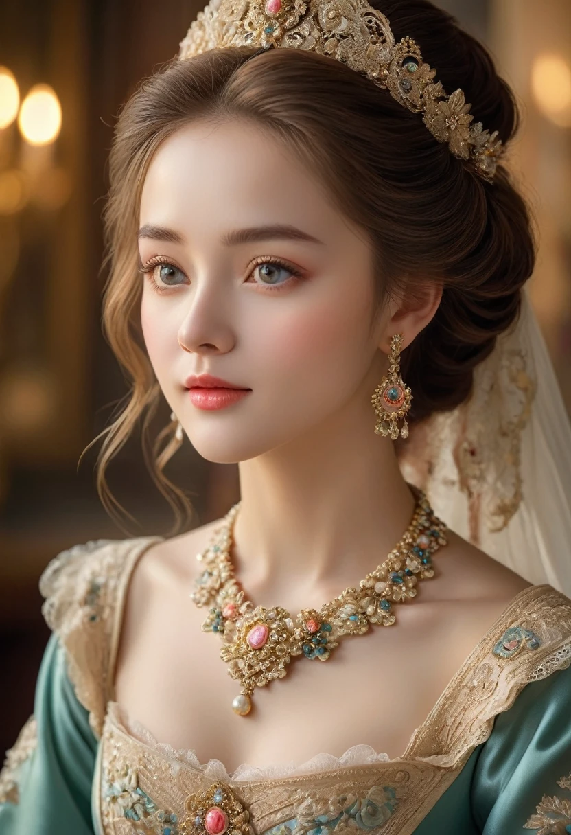 (best quality,4K,8K,high resolution,masterpiece:1.2),Extremely detailed,(Practical,photoPractical,photo-Practical:1.37),portrait,,Pastel,personalized masterpiece,18th century,Russian,noble,girl,noble Daughter,,Extremely beautiful,Face,Expressive eyes,Delicate nose,Sweet mouth,Porcelain skin,红扑扑的Face,flowing curls,Silk dress,solemn gesture,Fine Jewelry,Embroidered lace collar,Grand Background,Rich interior,Faint golden light