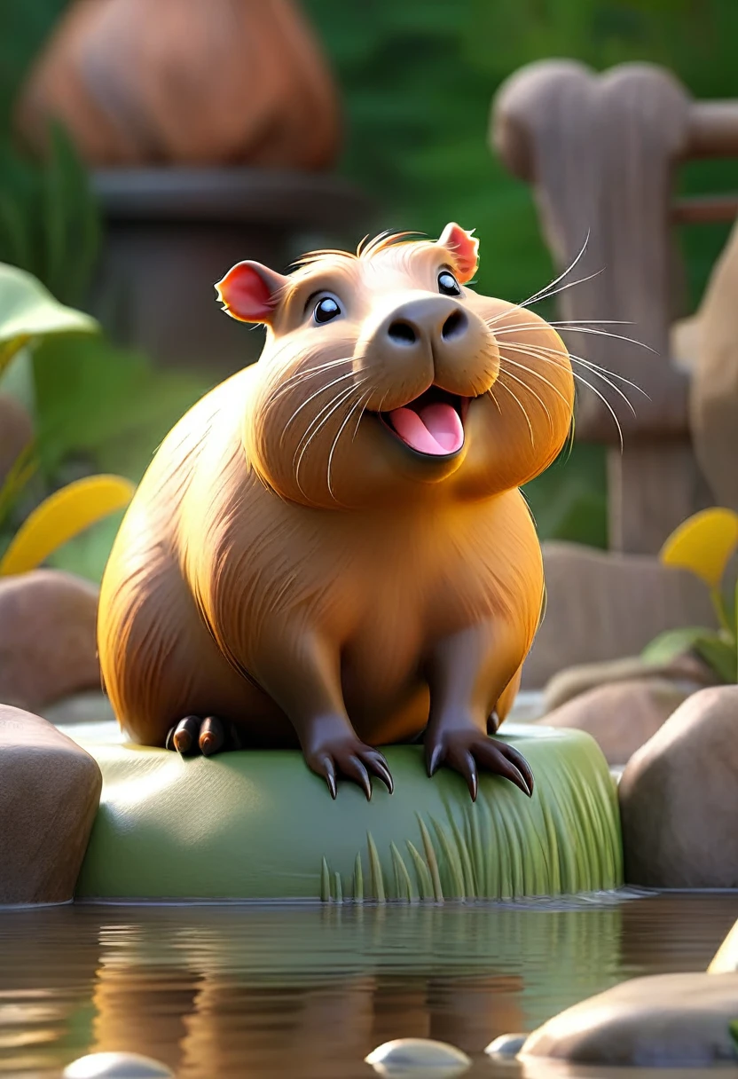 a capybara soaking in hot spring at the zoo, looking happy, 3D rendering, highly detailed, colorful, cheerful character, cute, cartoon style, dynamic pose, realistic water and steam effects, warm lighting, soft colors