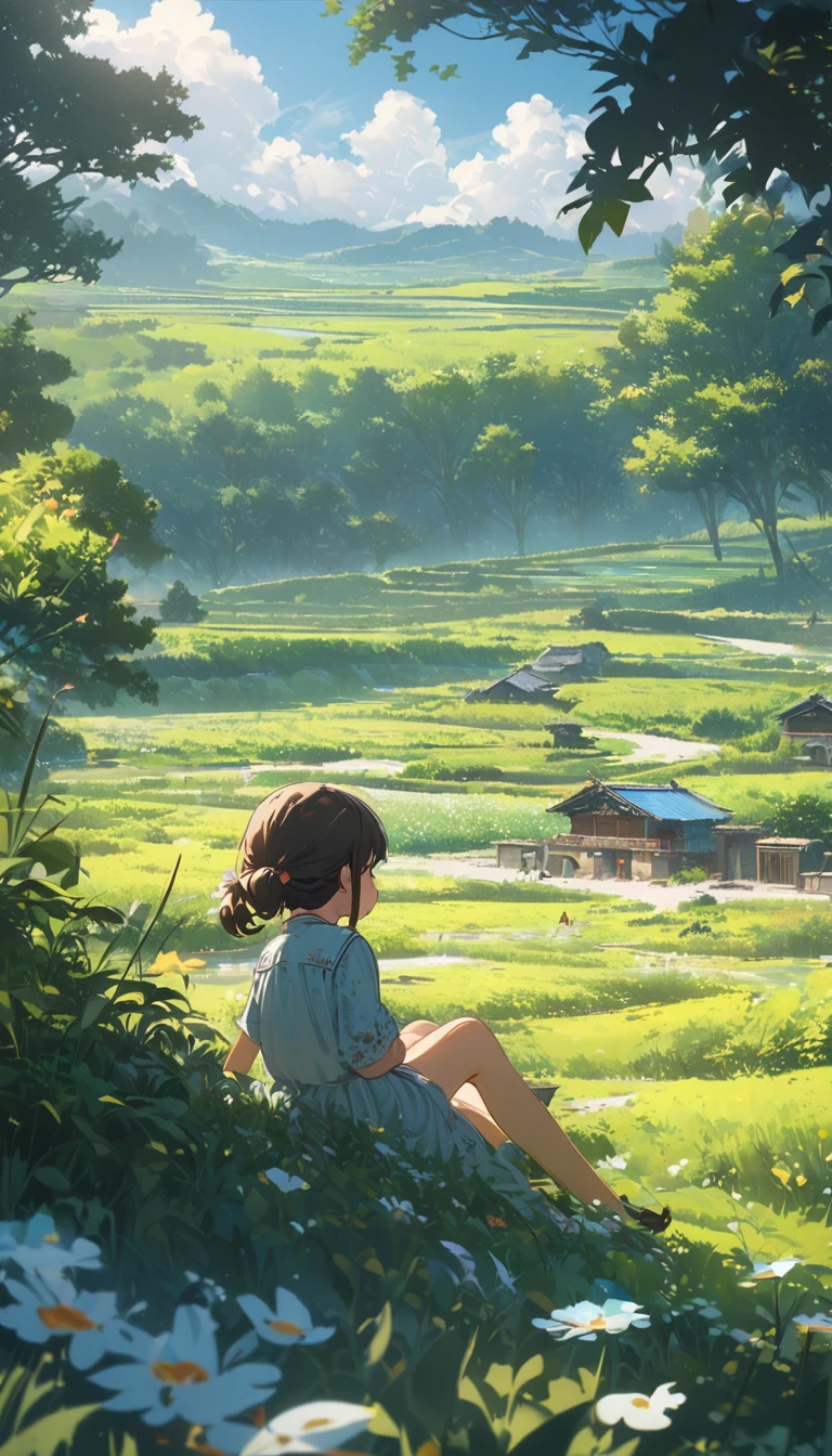 In the summer, Two children sitting on the grass in rural China, Watching the white clouds drift across the blue sky, Surrounded by lush fields under the sun, Create a peaceful and beautiful scenery. Inspired by the style of animation, high resolution, high quality, High Detail, high noise, Fine details, This illustration captures the essence of a quiet country day,The focus is on the children's faces.