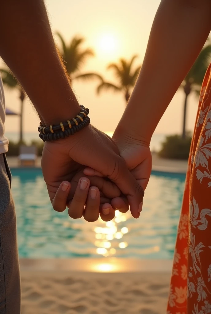 A hand of a man and a woman.
In the background a beach with a pool