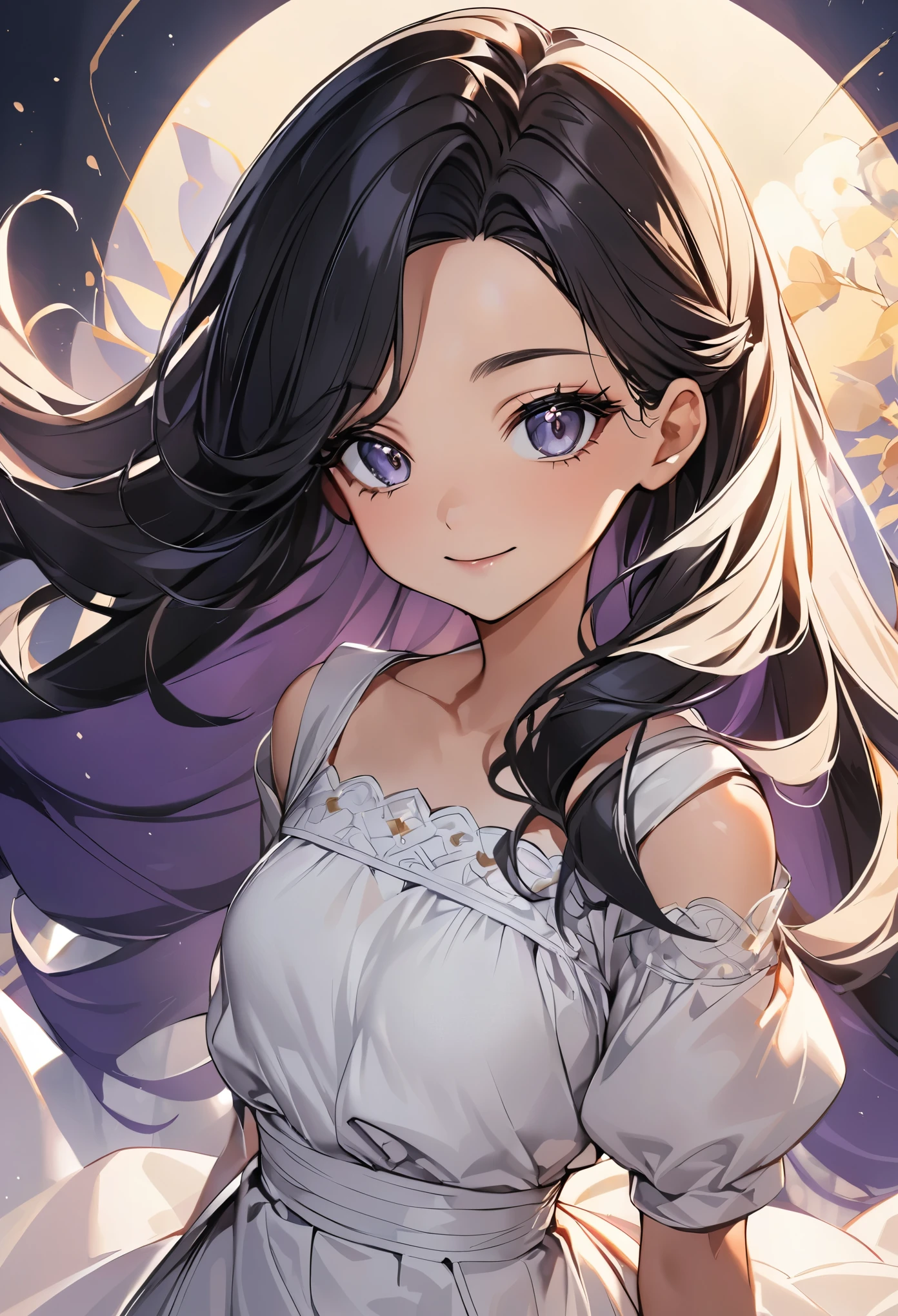 Woman, Wearing a white peasant dress, princesselise, glad,Bblack hair, long hair, dainty, bangss, Youngh, face detailed, High definition,