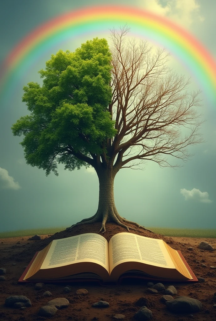 Half green tree, dry half with rainbow in the background, with soil in the shape of an open bible 