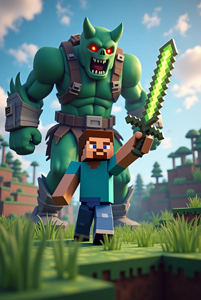 Create a full dima minecraft steve exercise with enchanted dima sword vs a giant goblon