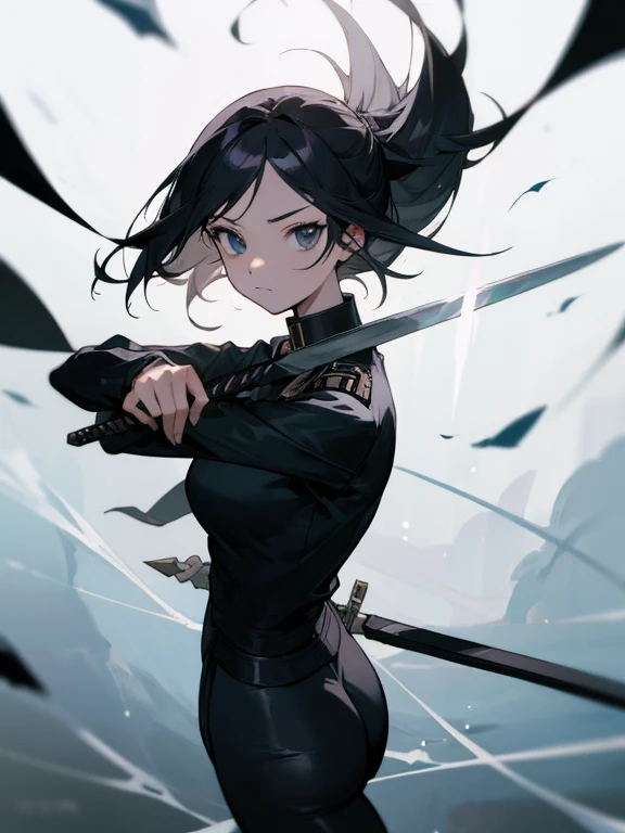 A female swordman,sharp eyes,black uniforn with collar and two-folded uniform,masterpiece,leggings,holding a longsword