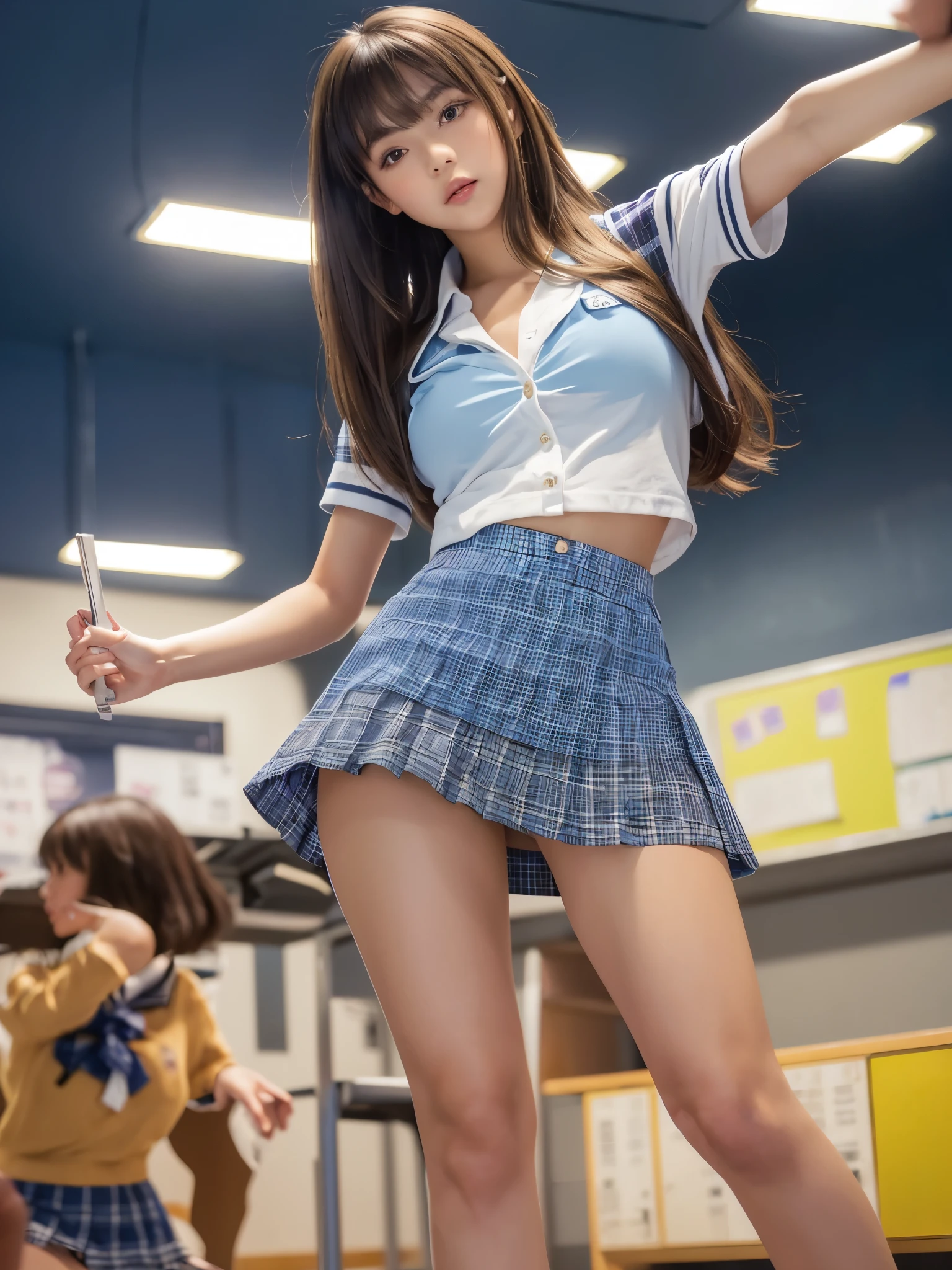 Product quality,1 person,((Shooting from below:1.4)),((Thigh Emphasis:1.4)),Young and cute Japanese,Daytime, ((High school classroom:1.2)),White short sleeve shirt,Schoolgirl uniform,blazer, ((Ultra short checkered blue micro mini skirt:1.5)),No underwear,Very cute face,Glossy Lips,Beautiful big eyes,Brown eyes,Double eyelids on both eyes,(Natural Makeup),shiny smooth light brown long hair,,,Asymmetrical bangs,Floating Hair NovaFrog Style,Center image,8k resolution,Attention to detail,Detailed hairstyle,Detailed face,Cinema Lighting,Octane Rendering,Ultra-realistic,Perfect limbs,Beautiful legs,Voluptuous thighs,Huge breasts,Perfect Anatomy,Spread your legs,((Provocative dynamic pose:1.5)),Skirt flip, 