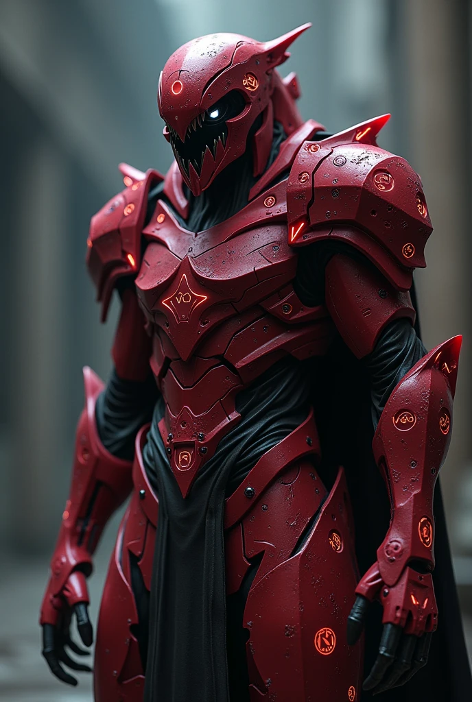 The high-tech futuristic knight has black eyes and a red body with red spells. It's very scary and spooky with a big mouth.