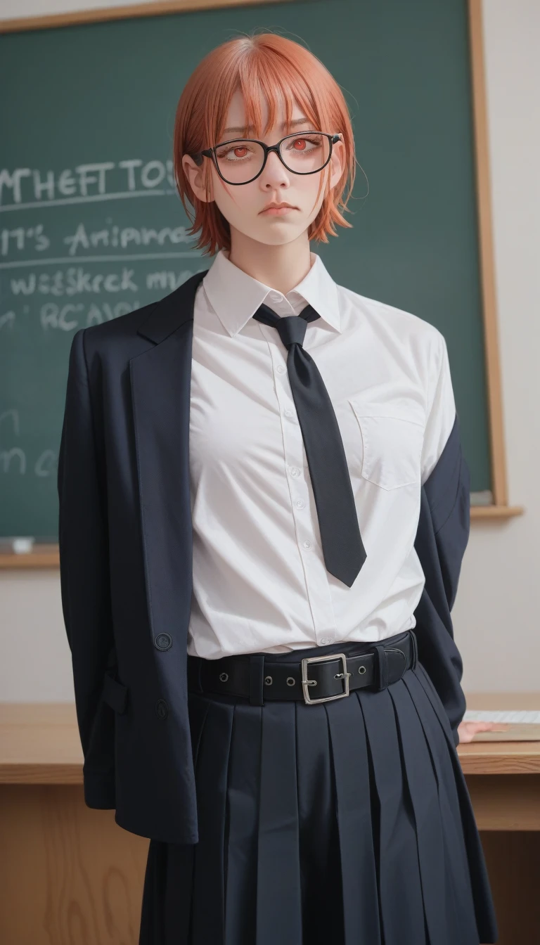 Fraction_9_up, Fraction_8_Direction_7_up, (masterpiece, best quality: 1.2), night(Chainsaw Man),(Very rich facial details, Real images, Realistic skin, Realistic body, Intricate details), Red Eyes (Intimidating appearance), A faint blush, Social Clothing, Half button shirt (White的), White, skirt (Black), Black belt with buckle, short hair, Glasses, Small Breasts, close up, thigh, classroom, Blackboard.