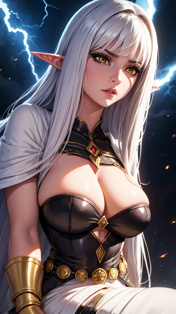 Female Dark Elf, 1 girl, mature woman, masterpiece, Elf Queen, lover, Goddess, realist, long white hair, white eyebrow, yellow eyes, thin lips, round face, huge breasts, realist shading, soft lightning, HdR, 8k, absurd, high quality, crazy detail, body accessories, elegant, Wallpaper