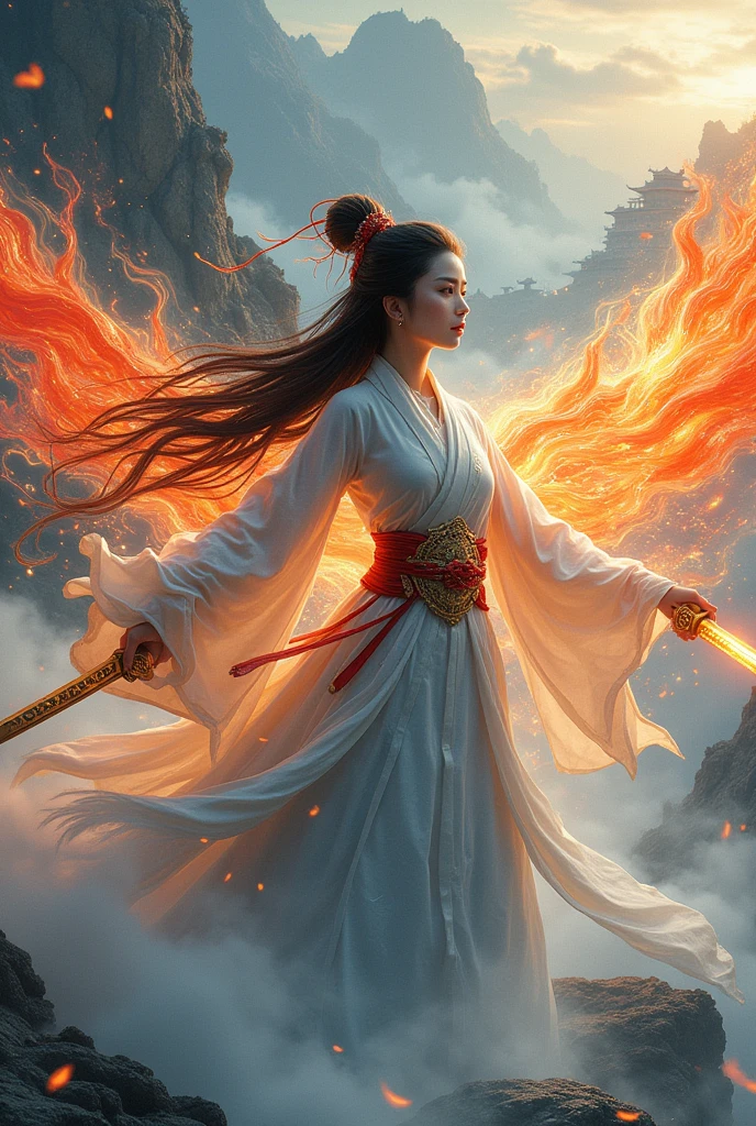(Photorealistic, RAW, 16K, Masterpiece, UHD), full body, splash-ink tai chi illustration, yin yang illustration, Chinese Wuxia (real sexy Dilraba Dilmurat), ponytail, dramatic angle, looking_at_viewer,(fluttered detailed ink splashs), (illustration),(((1 girl))),(long hair), (Beautiful face), ,(rain:0.6),((expressionless ,Carmine hair ornament:1.4)),(There is a palace far away from the girl),chinese clothes,((focus on the girl)), color Ink wash painting,(ink splashing),(Huaqing splashing),((colorful)),[sketch],best quality, beautifully painted,highly detailed,(denoising:0.7),[splash ink],yin yang, tai chi, perfect hand, perfect fingers, beautiful eyes, ,xuer Ancient golden armor, Dual Sword,Weapon, craft a hyper realistic A Chinese Wuxia girl with power of ice, lava, and tsunami: soaring upward on bio-mechanical wings, her piercing gaze commands respect, with a sword shining bright, reflecting elemental forces within swirling smoke, surrounded by enthralling sparks, amidst an otherworldly landscape.