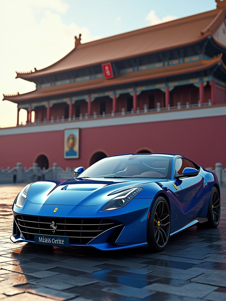 A captivating 50K HD image featuring the full-size Ferrari Pininfarina Sergio edition, a sleek, blue supercar, parked elegantly outside the iconic Forbidden City, Beijing. The car, with its luxurious details and intricate design elements, glows with opulence, reflecting both the vehicle's grandeur and the historic palace's majesty. The grandeur of the Forbidden City Beijing serves as a majestic backdrop, with its iconic façade and gates prominently visible. The sense of sophistication and exclusivity is palpable in this scene, with a touch of mystery added by the license plate's message,The overall atmosphere of the image is a harmonious blend of architecture, conceptual art, anime, dark fantasy, 3D render, and illustr, 3d render, conceptual art, dark fantasy, illustration, photo, cinematic, poster, architecture, anime