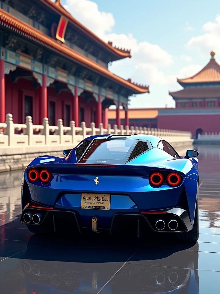 A captivating 50K HD image featuring the full-size Ferrari Pininfarina Sergio edition, a sleek, blue supercar, parked elegantly outside the iconic Forbidden City, Beijing. The car, with its luxurious details and intricate design elements, glows with opulence, reflecting both the vehicle's grandeur and the historic palace's majesty. The grandeur of the Forbidden City Beijing serves as a majestic backdrop, with its iconic façade and gates prominently visible. The sense of sophistication and exclusivity is palpable in this scene, with a touch of mystery added by the license plate's message,The overall atmosphere of the image is a harmonious blend of architecture, conceptual art, anime, dark fantasy, 3D render, and illustr, 3d render, conceptual art, dark fantasy, illustration, photo, cinematic, poster, architecture, anime