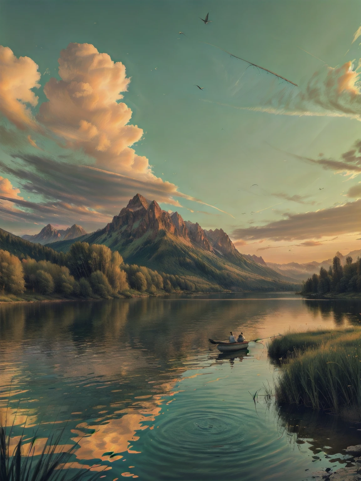 a pescador fishing with a rod in a beautiful lake, birds flying around, dawn lighting, sun rising on the horizon, mountains in the background, magical summer scene, tranquility, peace, (best quality,4k,8k,highres,masterpiece:1.2),ultra-detailed,(realistic,photorealistic,photo-realistic:1.37),stunning lake landscape,serene atmosphere,warm golden hour lighting,dramatic sky with clouds,detailed fishing boat,intricate bird shapes,lush green foliage,towering mountain peaks,golden sun rays,reflective lake surface,calming water ripples,picturesque vista,idyllic summer day