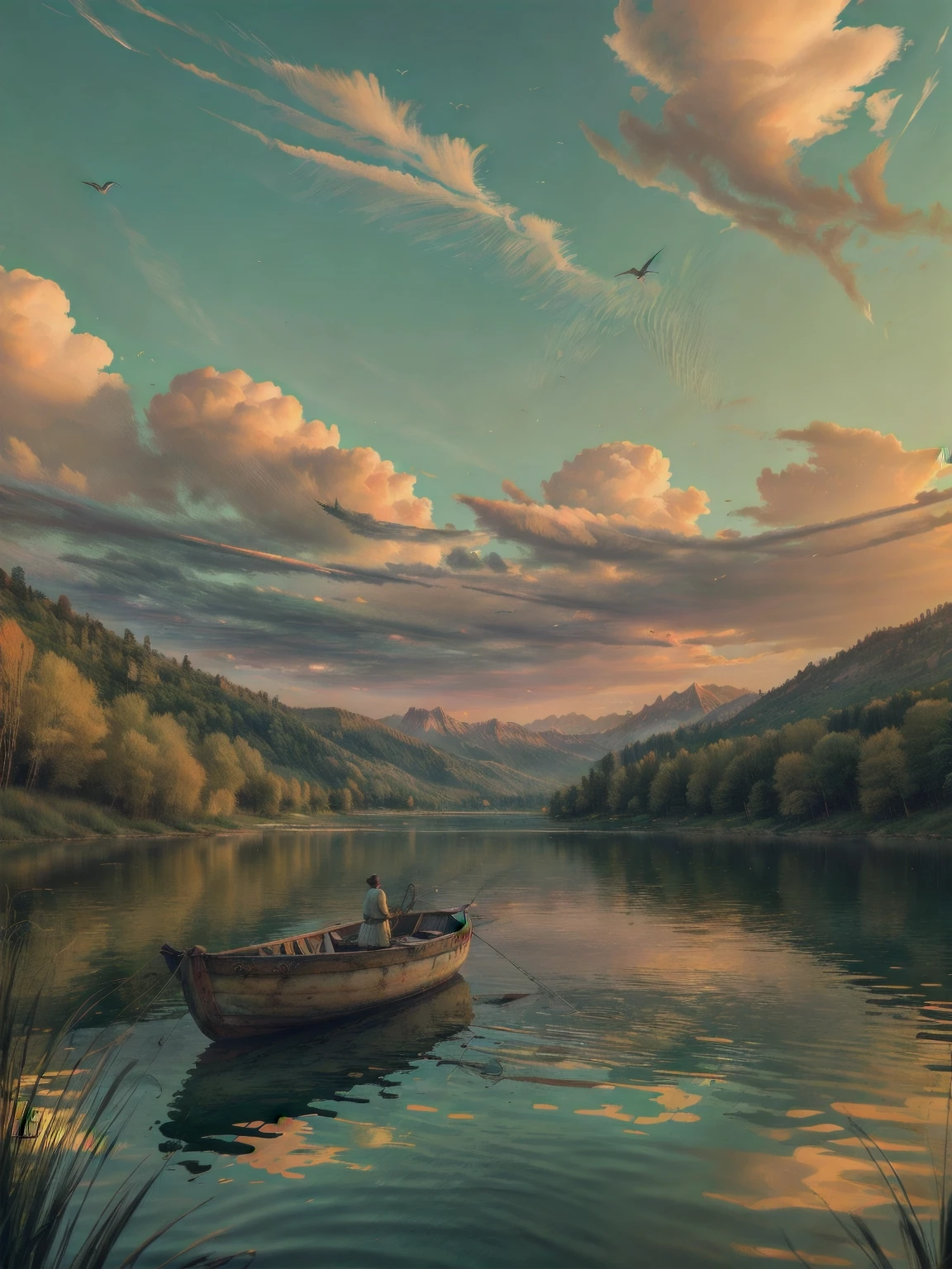 a pescador fishing with a rod in a beautiful lake, birds flying around, dawn lighting, sun rising on the horizon, mountains in the background, magical summer scene, tranquility, peace, (best quality,4k,8k,highres,masterpiece:1.2),ultra-detailed,(realistic,photorealistic,photo-realistic:1.37),stunning lake landscape,serene atmosphere,warm golden hour lighting,dramatic sky with clouds,detailed fishing boat,intricate bird shapes,lush green foliage,towering mountain peaks,golden sun rays,reflective lake surface,calming water ripples,picturesque vista,idyllic summer day