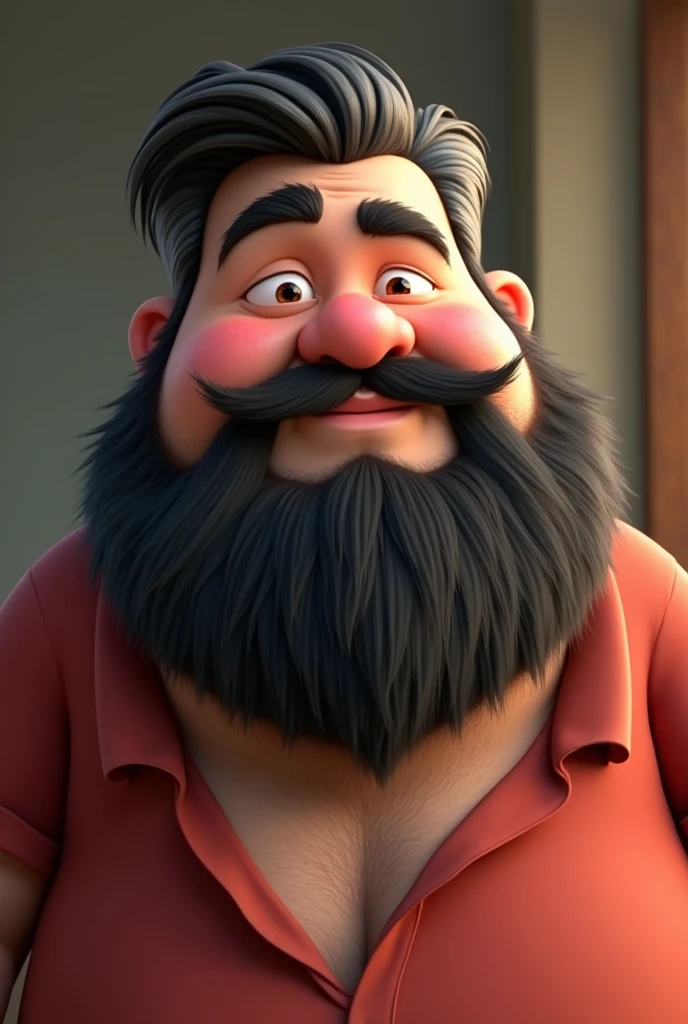 Animated character of a not very tall man, chubby, black beard with gray hair and short dark hair with gray on the sides, slightly sexy
