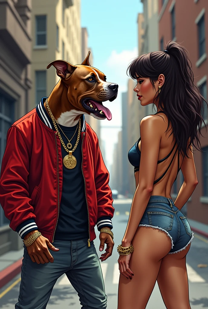 a pitbull dog wearing hip hop clothes and a gold chain on the street barking at a beautiful woman wearing short, sexy clothes, in drawing.
