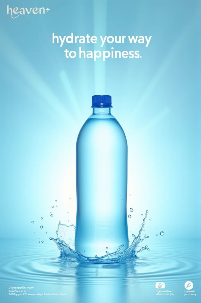 Create a visually refreshing scene centered around a large, clear 19L water bottle. The bottle should be prominently placed in the middle of the image, with water droplets and a gentle splash effect surrounding it to emphasize its freshness. The background should feature a gradient of soothing blue tones, transitioning from light to deep blue, evoking a sense of calm and purity. Incorporate subtle light rays or a soft glow behind the bottle to symbolize happiness and positivity. In the upper part of the image, include the text "Hydrate your way to happiness" in a clean, modern font. Below the bottle, add smaller text that reads "Order Now" or "Stay Hydrated with Heaven H2O," along with a contact number or icon. Use small, minimalistic icons or badges near the corners to highlight key features like "Triple-filtered," "Eco-friendly," and "Delivered to Your Door.