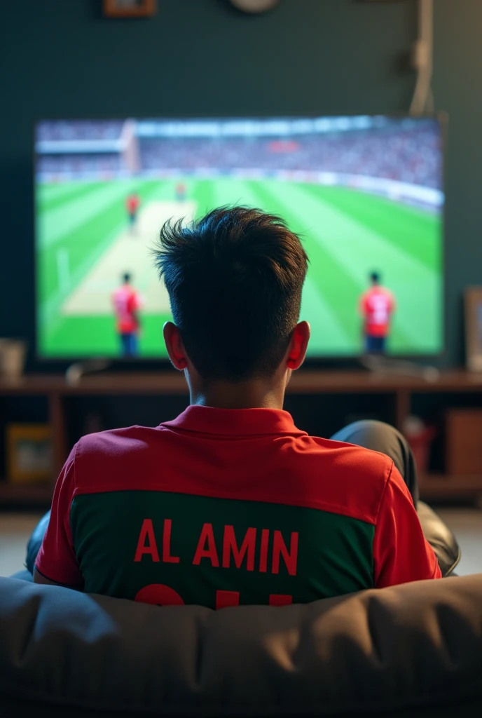 A young man named "Al Amin" was sitting in front of the TV watching the Bangladesh vs  Test cricket match, wearing a AL AMIN jersey.