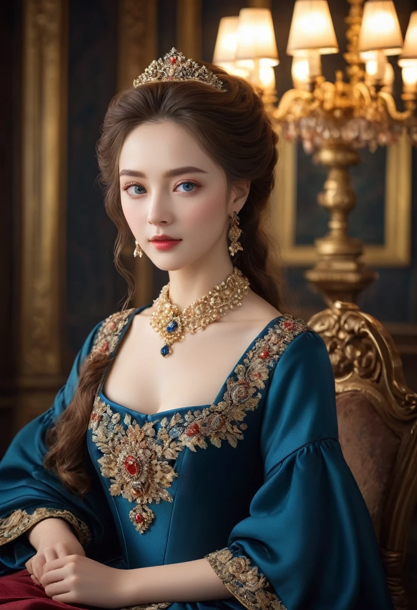 (best quality,4K,8K,high resolution,masterpiece:1.2),Extremely detailed,(Practical,photoPractical,photo-Practical:1.37),portrait,,Pastel,personalized masterpiece,18th century,Russian,noble,Queen,Heat and cold,noble Daughter,,Extremely beautiful,Face,Has dark blue eyes,Delicate nose,Sweet mouth,Porcelain skin,红扑扑的Face,Long flowing brown hair,Burgundy silk dress,Elegant Posture,Fine Jewelry,Embroidered lace collar,Grand Background,Rich interior,Faint golden light