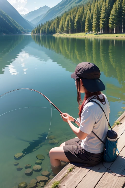 Woman fishing alone on a lake、Long fishing rod、Daytime、Sit by the lake、I'm a little 、Wearing a hoodie、summer、Crystal clear water