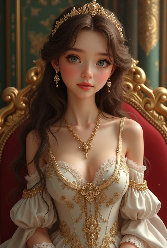 Girl with brown hair and green eyes wearing royal princess dress。