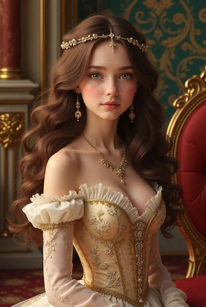 Girl with brown hair and green eyes wearing royal princess dress。