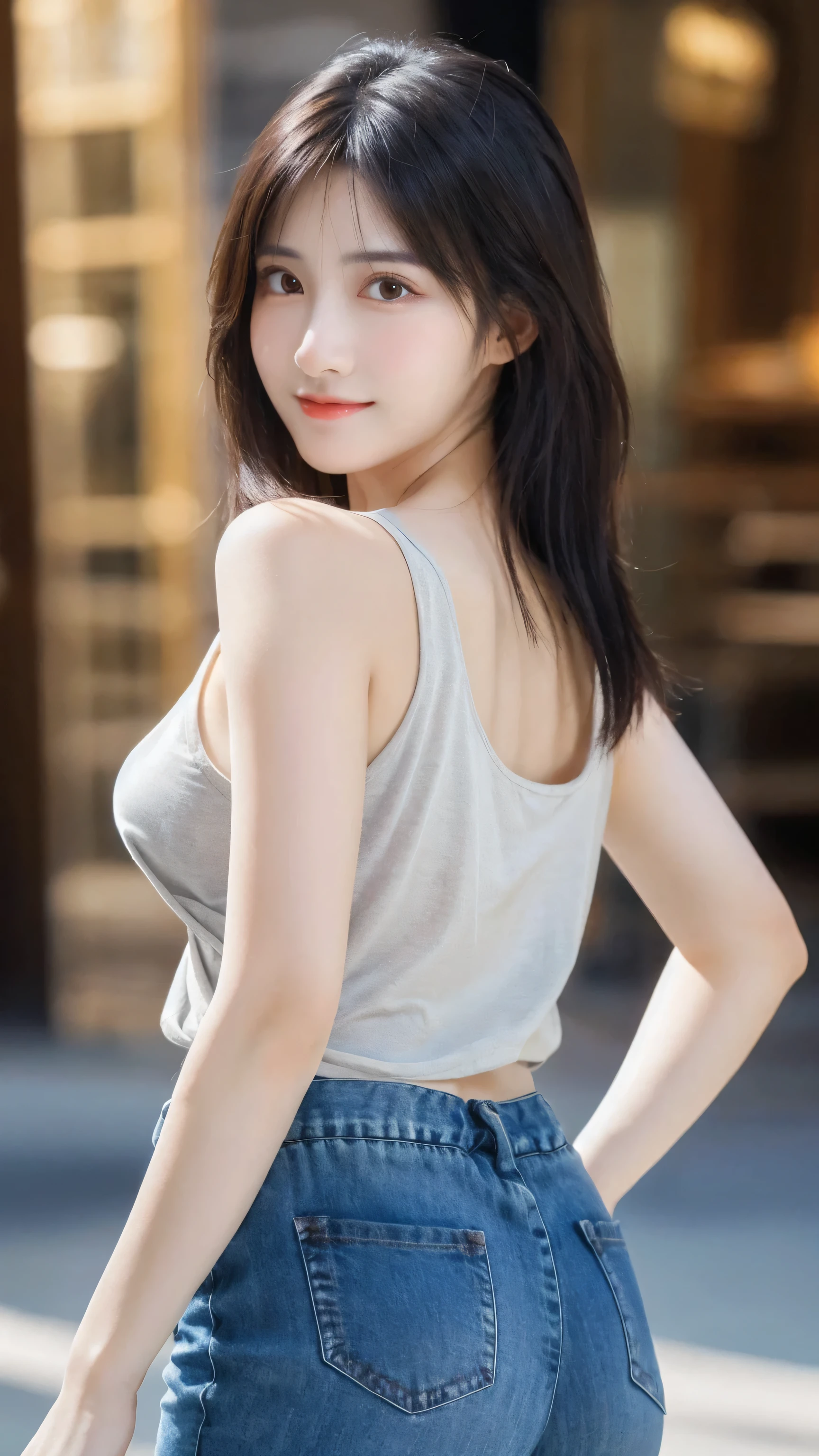 (8k, RAW Photo, Best Quality, Masterpiece:1.2), table top, Ultra Detail, Super Resolution, (Realistic, Realistic Photo:1.37), Portrait, High Detail RAW Color Photo, Professional Photo, Extremely Detailed and Beautiful, Extremely detailed, 8k wallpaper, amazing and detailed, huge file size, official art, highly detailed CG unity 8k wallpaper, highly detailed beautiful girl, highly detailed face, highly detailed eyes, highly detailed skin, highly detailed fingers, highly detailed nose, very detailed detailed mouth , perfect anatomy, highly detailed background, highly detailed clothes, 1girl, ,cute girl, realistic body, fair skin, glowing skin , slim body, handsome body, black hair , Semilong hair, (blunt bangs:1.2), smile, cute, youthful, cute face, realistic face, delicate eyes, drooping eyes, looking at viewer, (from behind), standing posture, Contraposto, dynamic lighting, (big breasts), (Perfect Body Proportions), (slender Body Proportions), tank top, jeans,