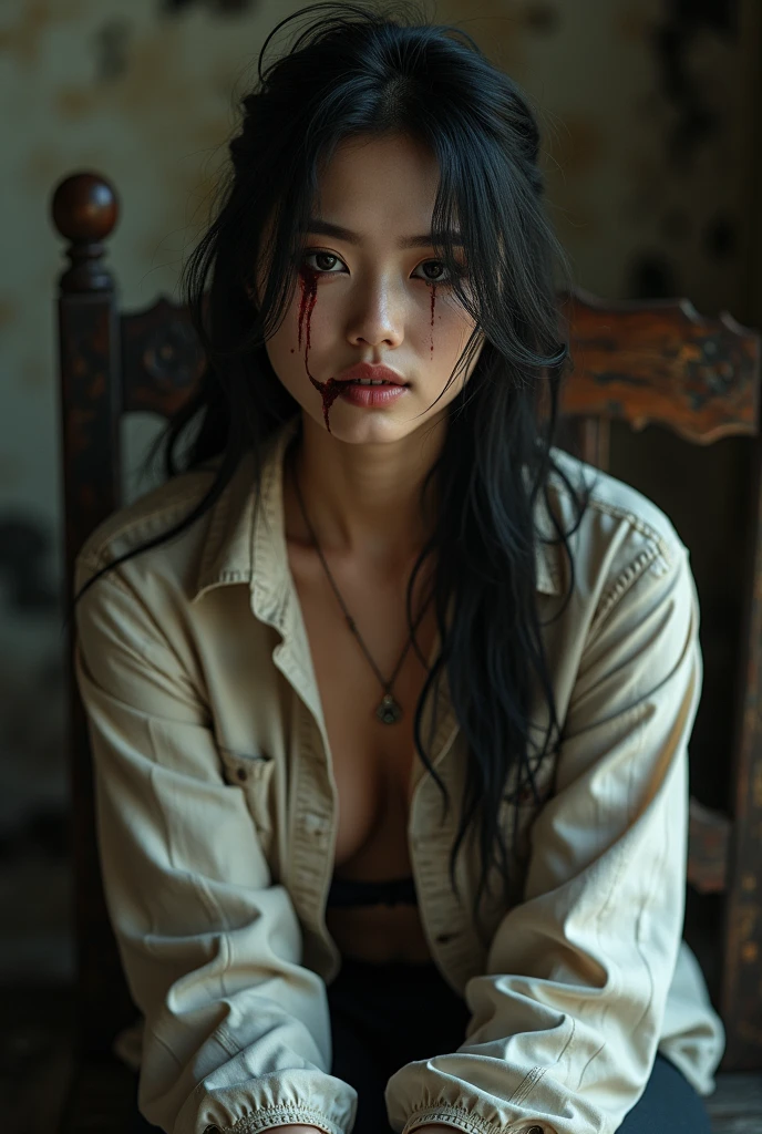 woman 20 years young, Thai, face closeup, dark makeup, dirty white shirt, messy long hair, big breast, dynamic pose for photoshoot, sitting on a wooden chair, hard shadows portrait dark, highres, high quality, high resolution, hd, 4k, masterpiece, realistic, cinemaic light, background inside a burnt warehouse, thick black blood flowed from his eyes. His lips curved into a thin smile that seemed full of dark secrets.