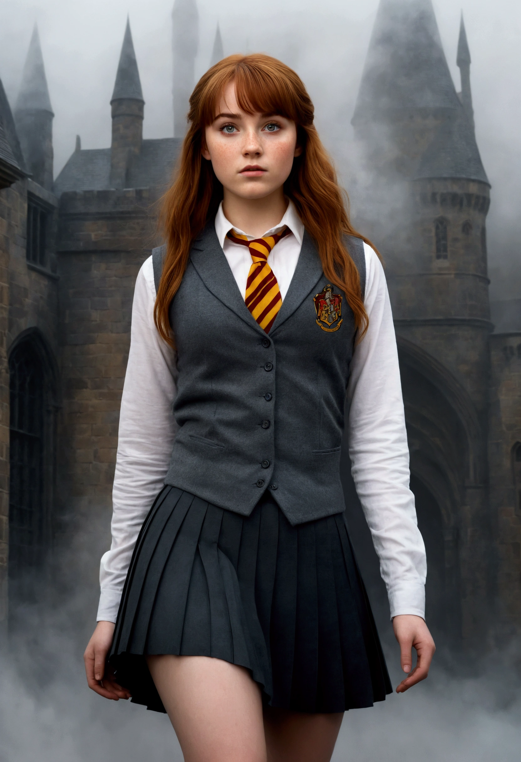 An illustrated movie poster, hand-drawn, full color, a teenage Hogwarts student, 18-years-old, female, wearing a charcoal vest and a pleated skirt, athletic hourglass figure, full wide hips, massive round butt, long shapely legs, ridiculously thick powerful thighs, vibrant eyes, deep dark auburn hair, thick shaggy bangs, flushed sun-kissed complexion, freckles, resembles Genevieve O'Reilly, standing in a foggy Hogwarts courtyard, surrounded by mist, graphite shading, stencil marks, airbrushed acrylic paint, masterpiece, close-up shot, in the style of the Deathly Hallows 