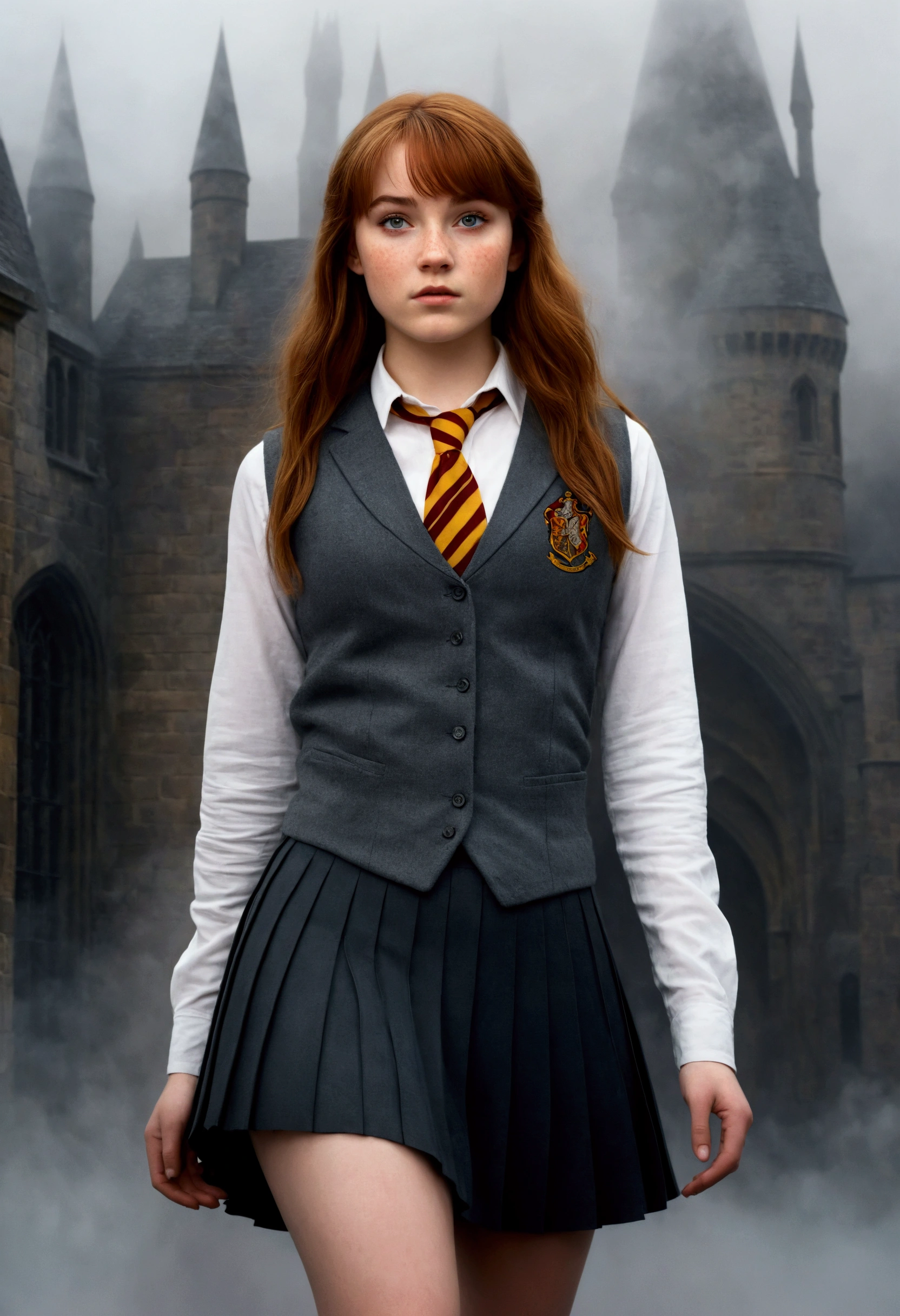 An illustrated movie poster, hand-drawn, full color, a teenage Hogwarts student, 18-years-old, female, wearing a charcoal vest and a pleated skirt, athletic hourglass figure, full wide hips, massive round butt, long shapely legs, ridiculously thick powerful thighs, vibrant eyes, deep dark auburn hair, thick shaggy bangs, flushed sun-kissed complexion, freckles, resembles Genevieve O'Reilly, standing in a foggy Hogwarts courtyard, surrounded by mist, graphite shading, stencil marks, airbrushed acrylic paint, masterpiece, close-up shot, in the style of the Deathly Hallows 