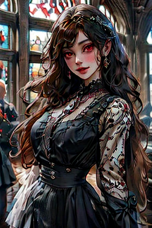 Perfect face. Perfect hands. A brown haired woman with red eyes with an hourglass figure in a frilly Gothic dress is smiling  while posing in front of a stained glass window in a Gothic castle
