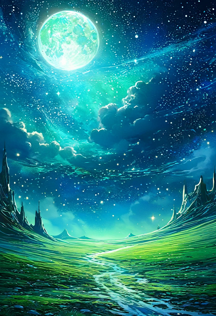 The moon is surrounded by many, Countless shining stars々. The starry sky sparkles、The trail of light is shining even brighter. Surreal Scene. Beautiful and wonderful composition. Subtle shadows and highlights. blue, Light blue and green tones. More color gradients. Full of mystery. Vibrant action painting、Highly detailed HD cinematic close-ups、Magical fantasy、Gorgeous digital art,In town