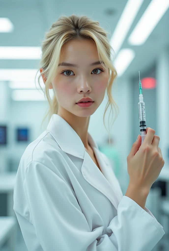 Medical aesthetic girl with blonde hair with syringe in right hand