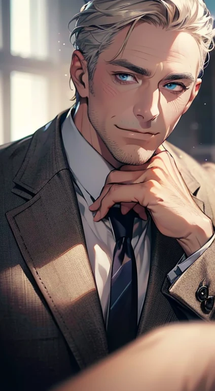 (best quality,4k,8k,highres,masterpiece:1.2),ultra-detailed,(realistic,photorealistic,photo-realistic:1.37),1 man,3,mature man,very handsome,without expression,smile,short grey golden hair,blue eyes,penetrating gaze,perfect face without errors,imposing posture,businessman,office background,cinematic lighting,hdr image