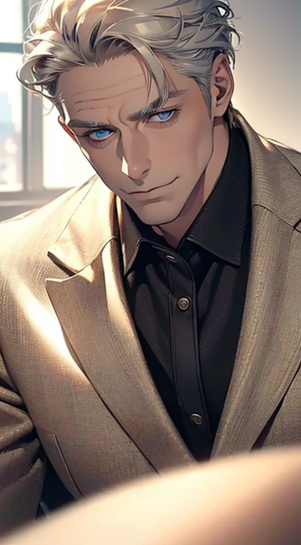 (best quality,4k,8k,highres,masterpiece:1.2),ultra-detailed,(realistic,photorealistic,photo-realistic:1.37),1 man,3,mature man,very handsome,without expression,smile,short grey golden hair,blue eyes,penetrating gaze,perfect face without errors,imposing posture,businessman,office background,cinematic lighting,hdr image