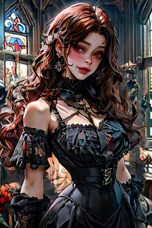 Perfect face. Perfect hands. A brown haired woman with red eyes with an hourglass figure in a frilly Gothic dress is smiling while posing in front of a stained glass window in a Gothic castle