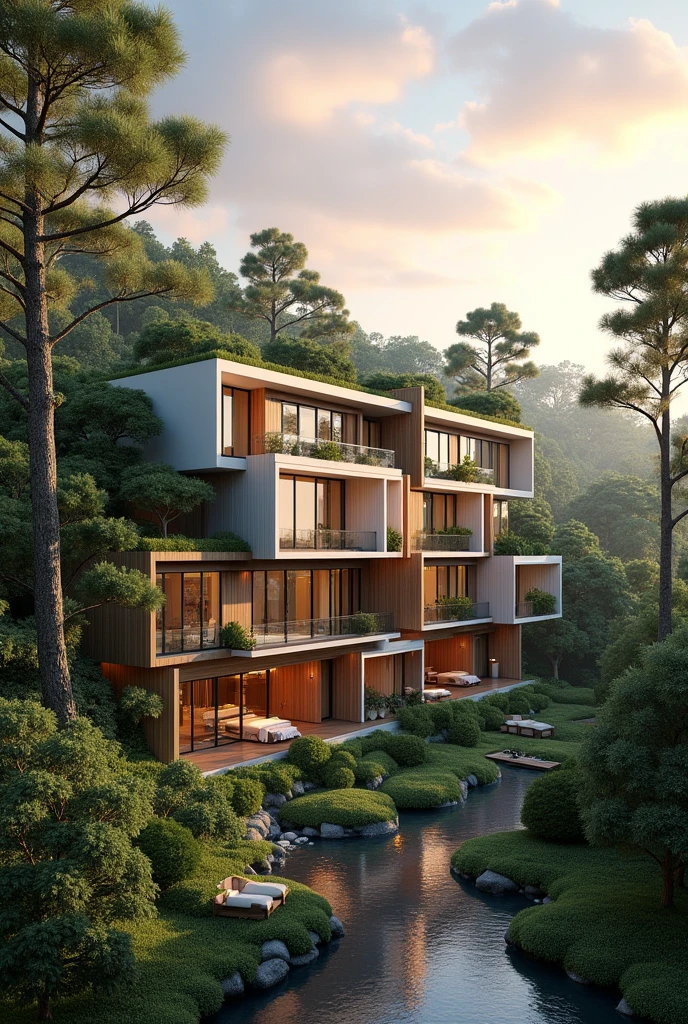 Create a simple double storey terrace structured housing by units with nice sunset view and surrounded by forest
