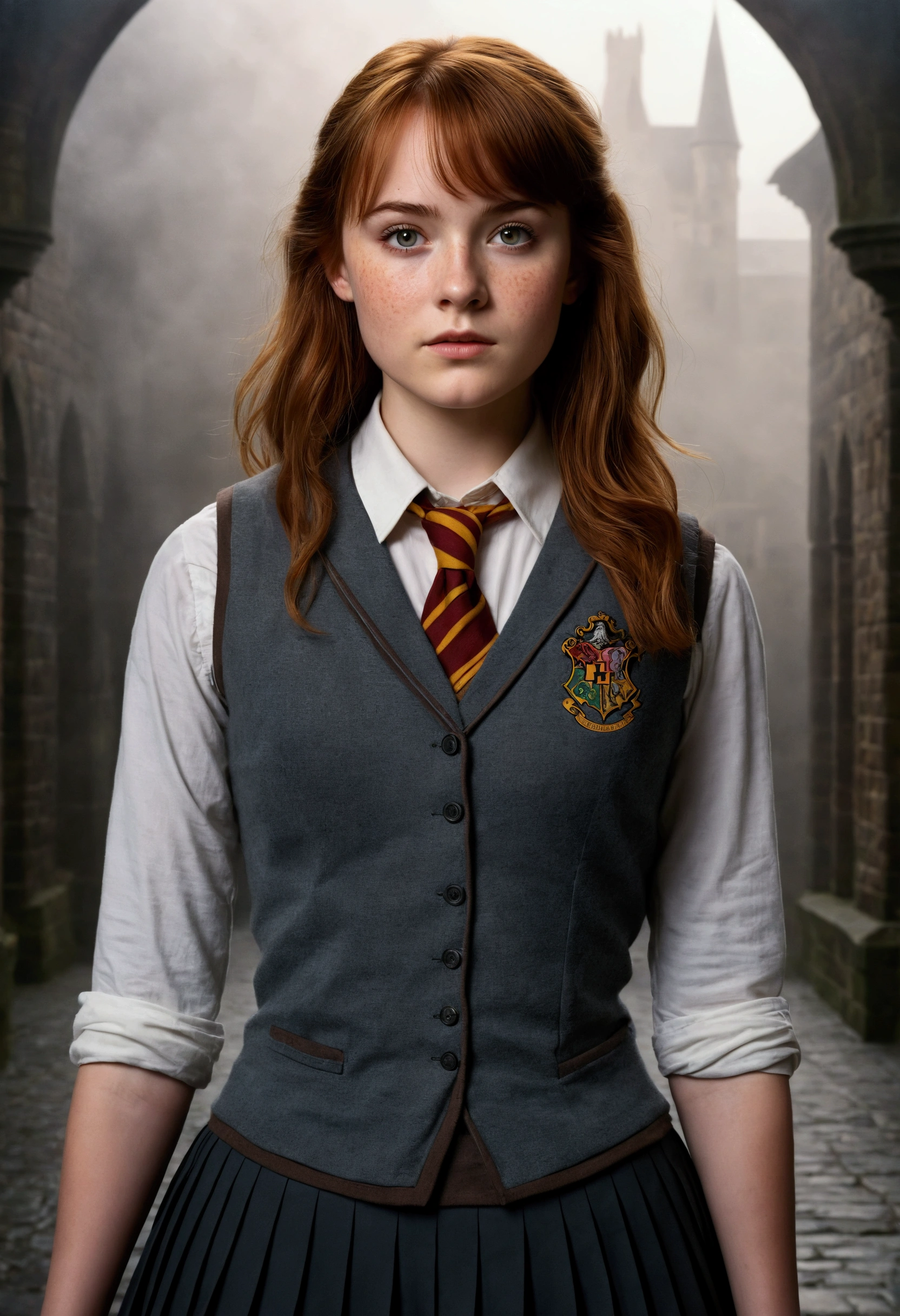 An illustrated movie poster, hand-drawn, full color, a teenage Hogwarts student, 18-years-old, female, wearing a charcoal vest and a pleated skirt, athletic hourglass figure, full wide hips, massive round butt, long shapely legs, ridiculously thick powerful thighs, vibrant eyes, deep dark auburn hair, thick shaggy bangs, flushed sun-kissed complexion, freckles, resembles Genevieve O'Reilly, standing in a foggy Hogwarts courtyard, surrounded by mist, graphite shading, stencil marks, airbrushed acrylic paint, masterpiece, close-up shot, in the style of the Deathly Hallows 