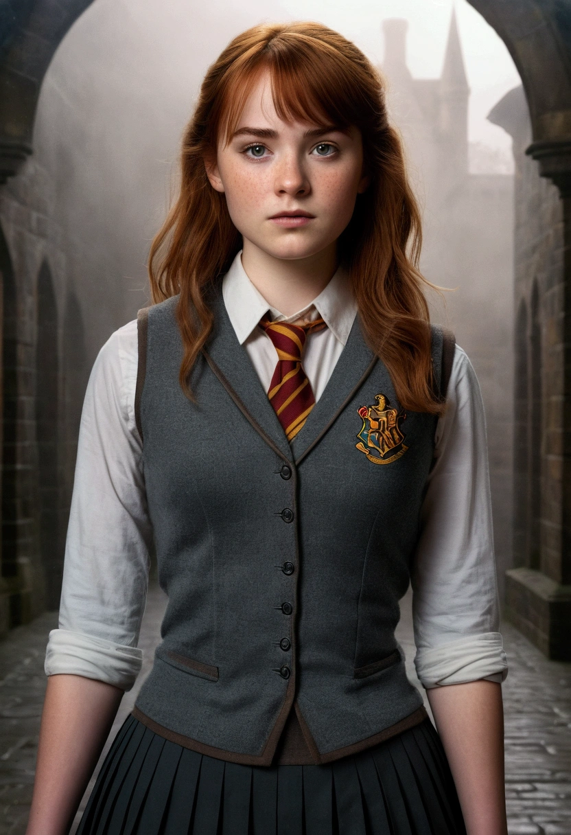 An illustrated movie poster, hand-drawn, full color, a teenage Hogwarts student, 18-years-old, female, wearing a charcoal vest and a pleated skirt, athletic hourglass figure, full wide hips, massive round butt, long shapely legs, ridiculously thick powerful thighs, vibrant eyes, deep dark auburn hair, thick shaggy bangs, flushed sun-kissed complexion, freckles, resembles Genevieve O'Reilly, standing in a foggy Hogwarts courtyard, surrounded by mist, graphite shading, stencil marks, airbrushed acrylic paint, masterpiece, close-up shot, in the style of the Deathly Hallows